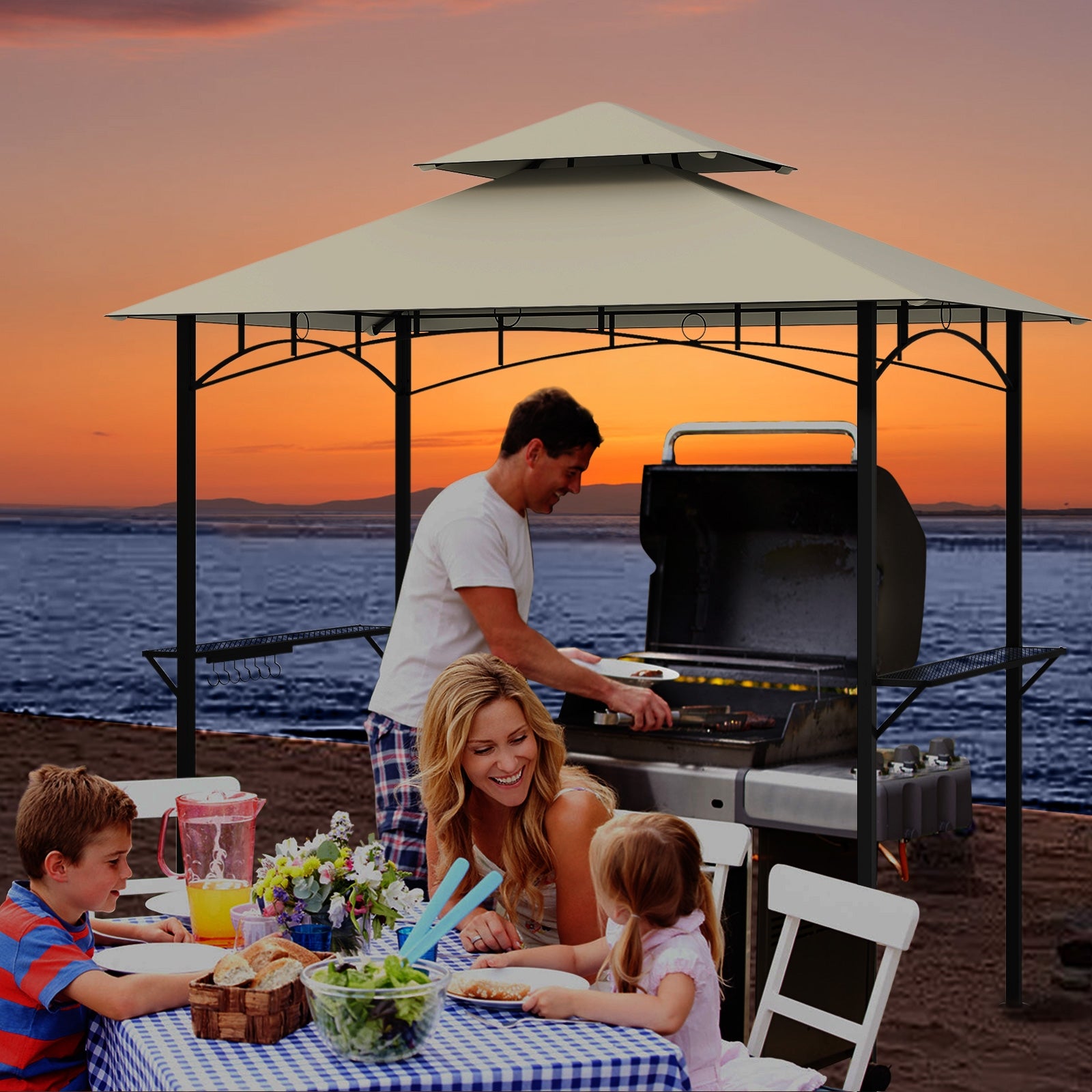 Double-Tiered Grill Gazebo Canopy, 2 Shelves, 7 Hooks, Beige Gazebos at Gallery Canada