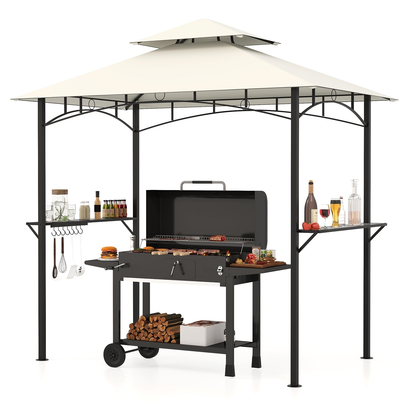 Double-Tiered Grill Gazebo Canopy, 2 Shelves, 7 Hooks, Beige Gazebos at Gallery Canada