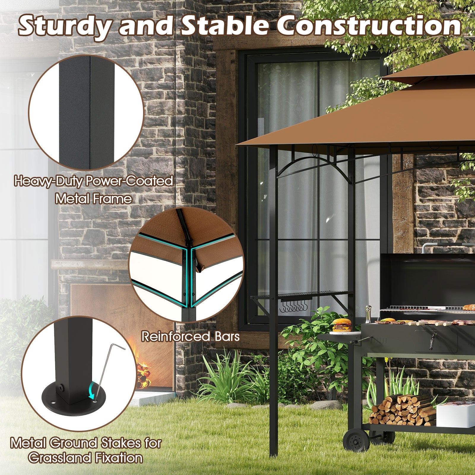 Double-Tiered Grill Gazebo Canopy, 2 Shelves, 7 Hooks, Coffee Gazebos at Gallery Canada