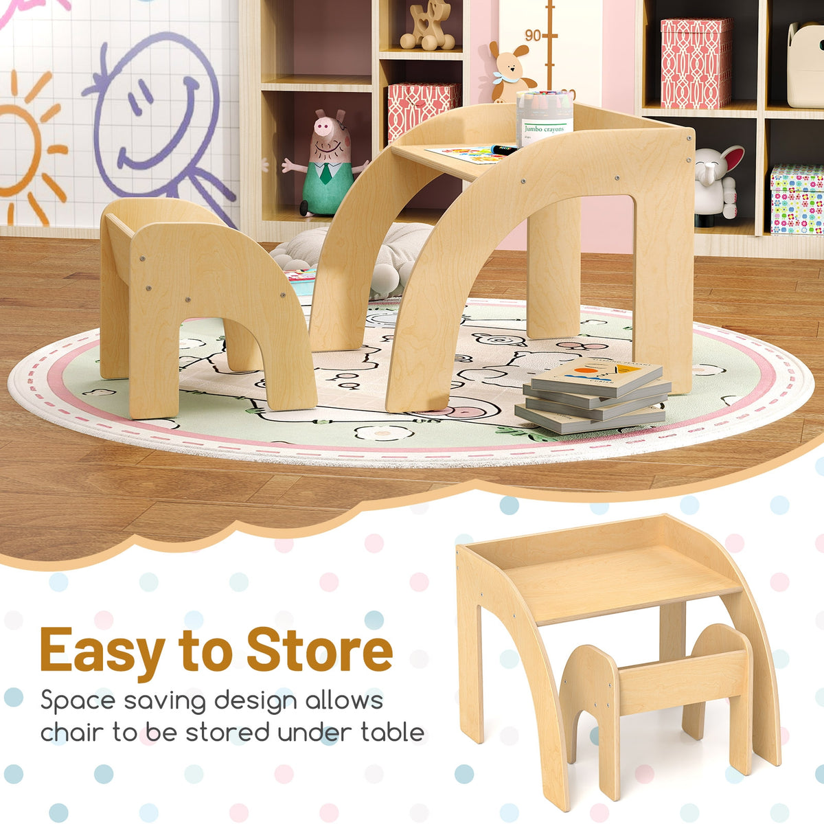 Kids Table And Chair Set, Natural, Wide Tabletop, Curved Edges Kids Table & Chair Sets at Gallery Canada