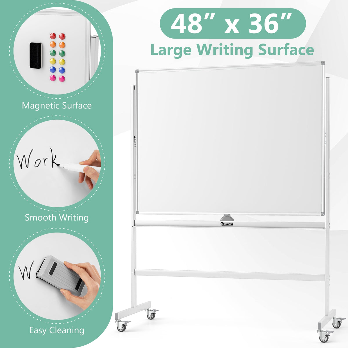 48 x 36 Inches Rolling Whiteboard, Magnetic Surface, White Home Office at Gallery Canada