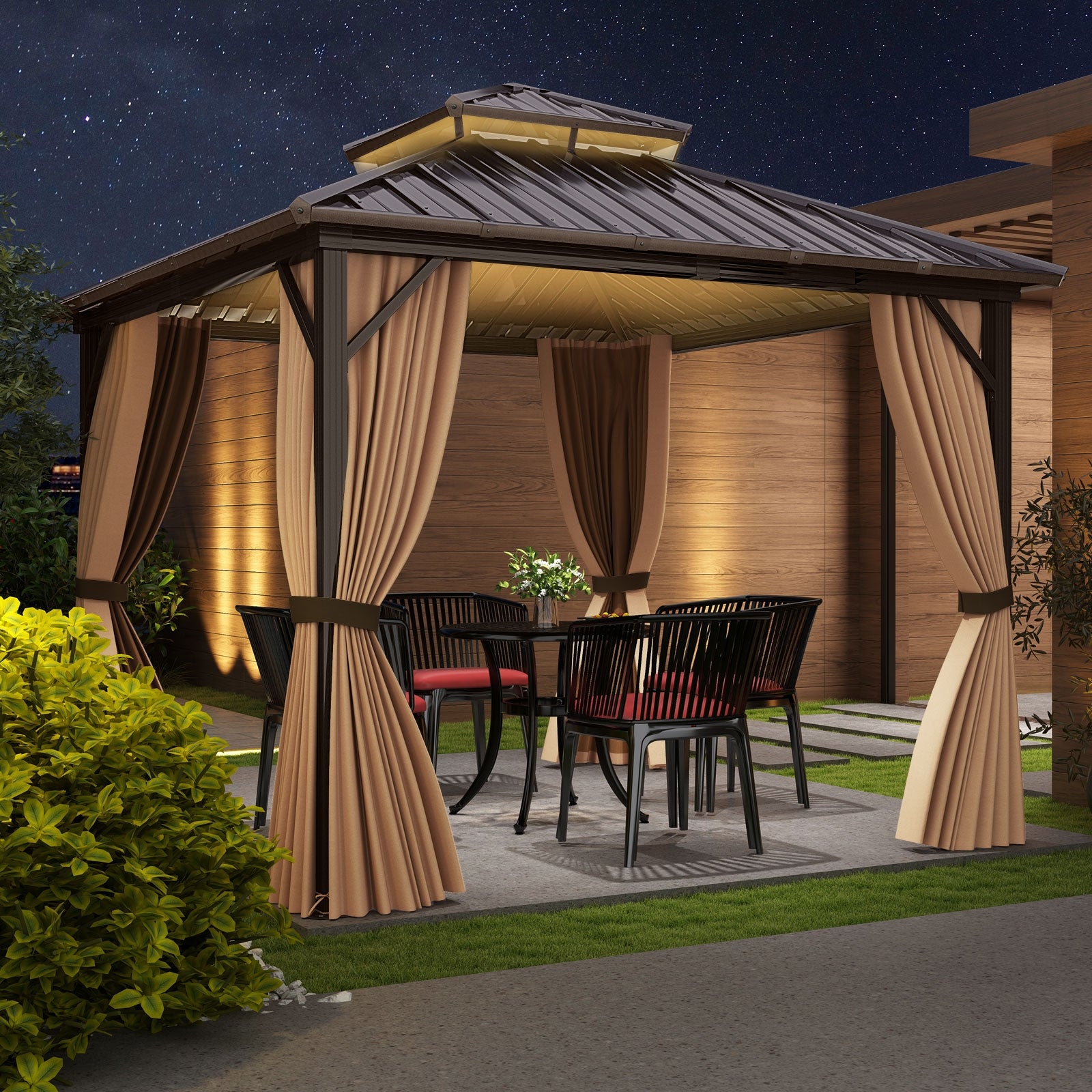 10x10 Feet Hardtop Gazebo With Netting, Curtain, Double-Roof, Coffee Gazebos at Gallery Canada