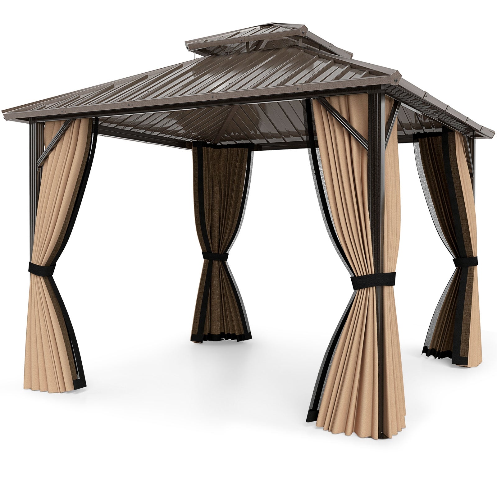 10x10 Feet Hardtop Gazebo With Netting, Curtain, Double-Roof, Coffee Gazebos Coffee at Gallery Canada