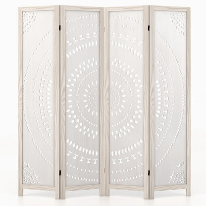66 Inch 4-Panel Room Divider, Carved Pattern, White Room Dividers White at Gallery Canada