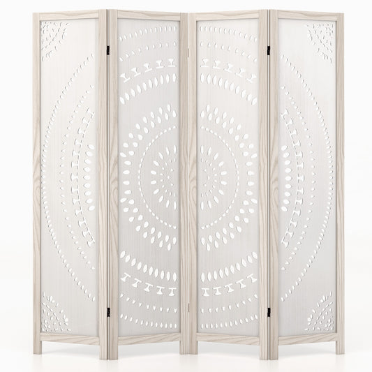 66 Inch 4-Panel Room Divider, Carved Pattern, White Room Dividers White at Gallery Canada