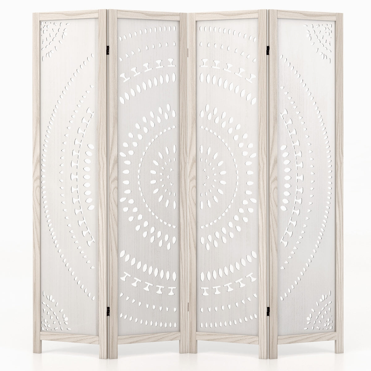 66 Inch 4-Panel Room Divider, Carved Pattern, White Room Dividers at Gallery Canada