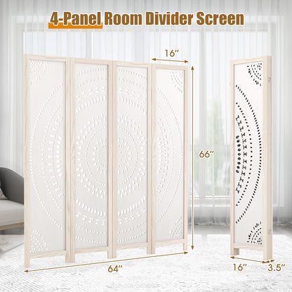 66 Inch 4-Panel Room Divider, Carved Pattern, White Room Dividers at Gallery Canada