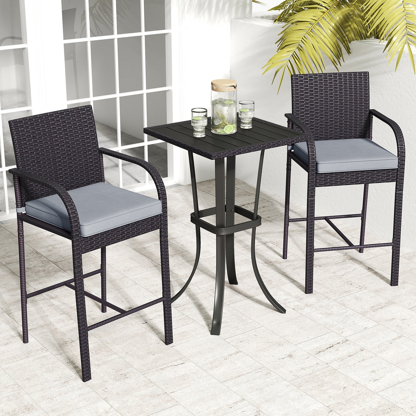 3-Piece Patio Wicker Rattan Bar Height Chairs, Square Table Set, Black Patio Bar Furniture at Gallery Canada