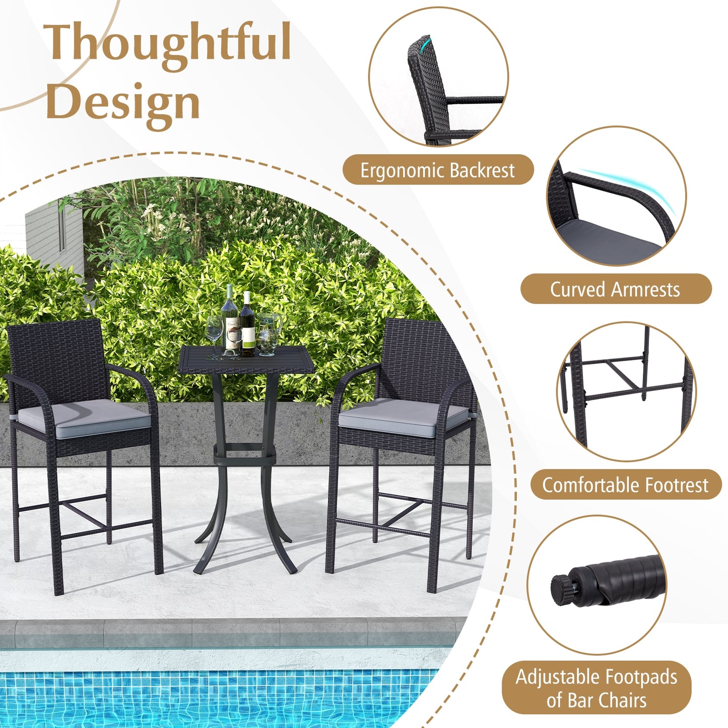 3-Piece Patio Wicker Rattan Bar Height Chairs, Square Table Set, Black Patio Bar Furniture at Gallery Canada