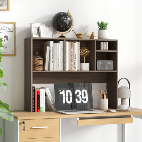 Computer Desktop Bookcase, 4 Cubbies, Open Back Compartment, Gray