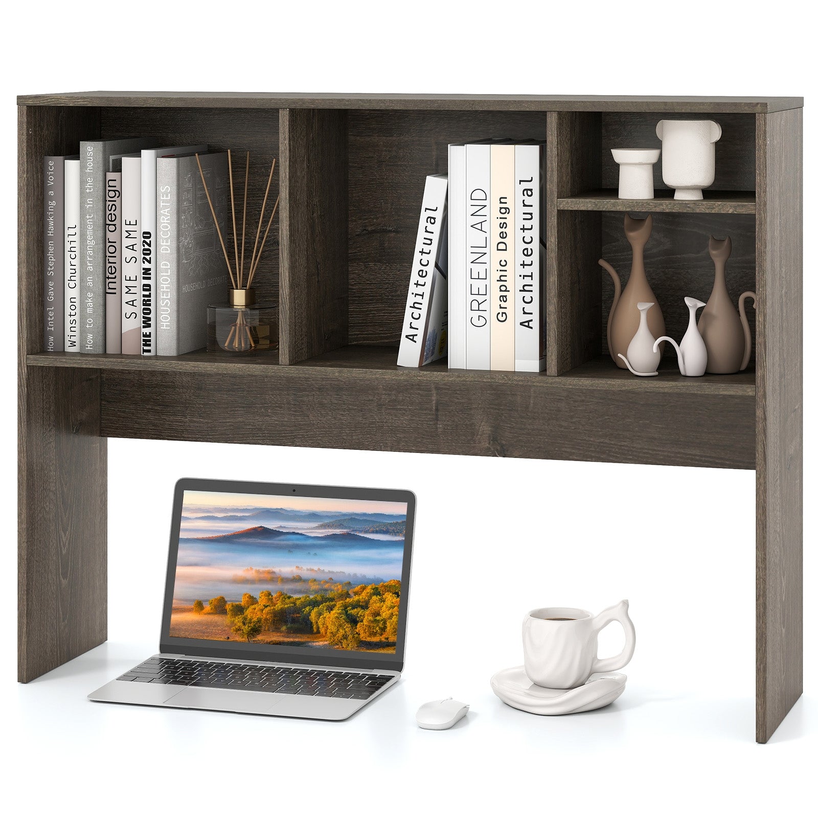 Computer Desktop Bookcase, 4 Cubbies, Open Back Compartment, Gray Bookcases at Gallery Canada
