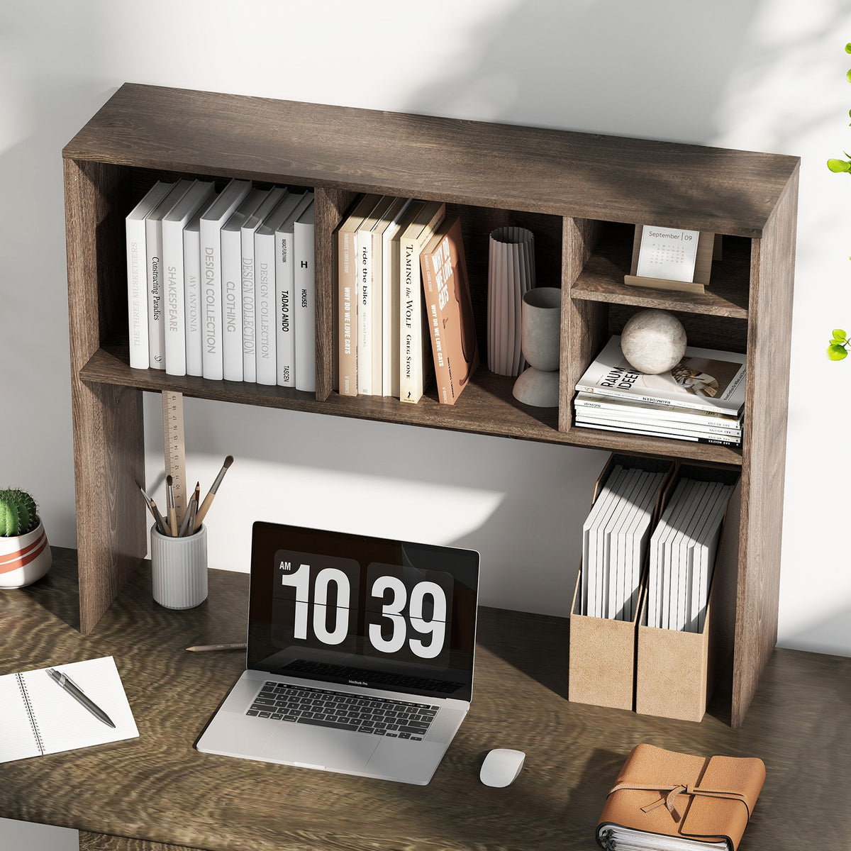 Computer Desktop Bookcase, 4 Cubbies, Open Back Compartment, Gray Bookcases at Gallery Canada