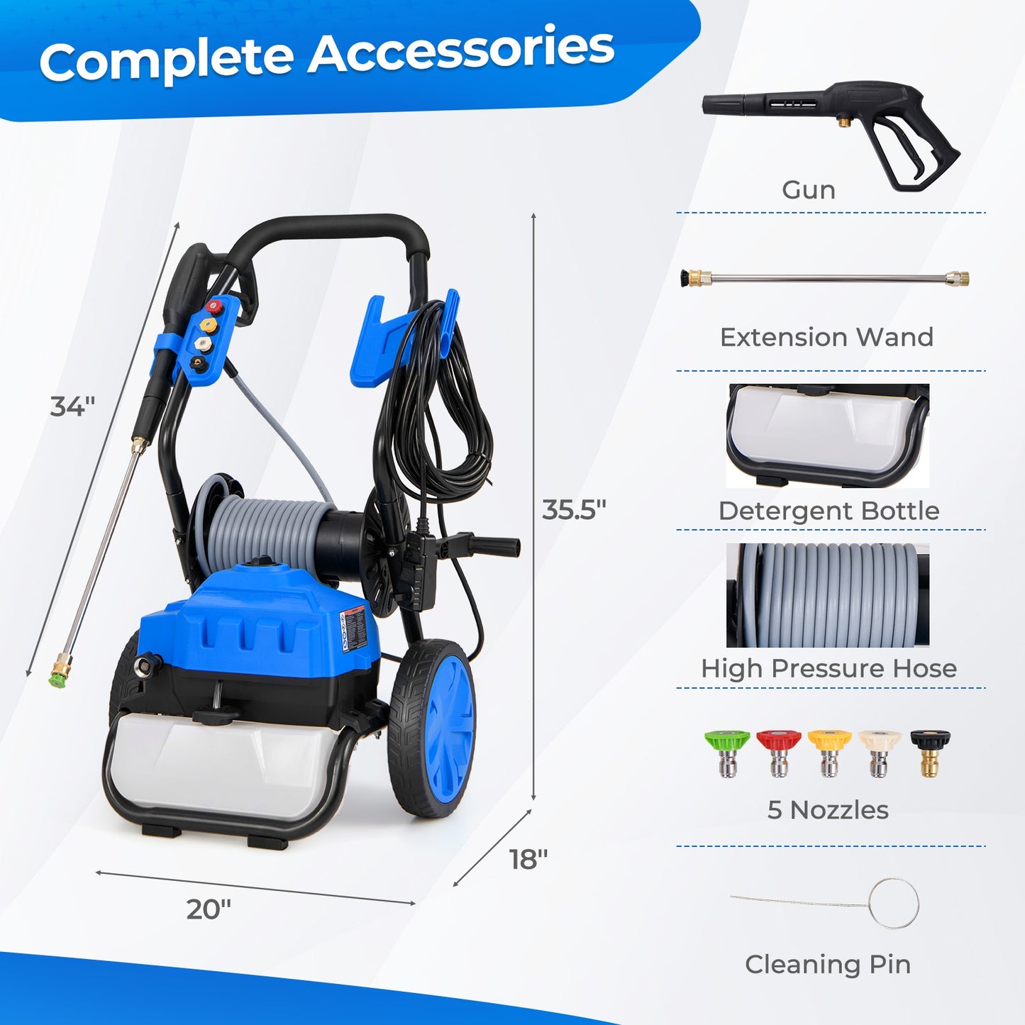 2300 PSI 1.8 GPM Electric Pressure Washer, Wheels, 5 Nozzles, Blue Washing Machines at Gallery Canada
