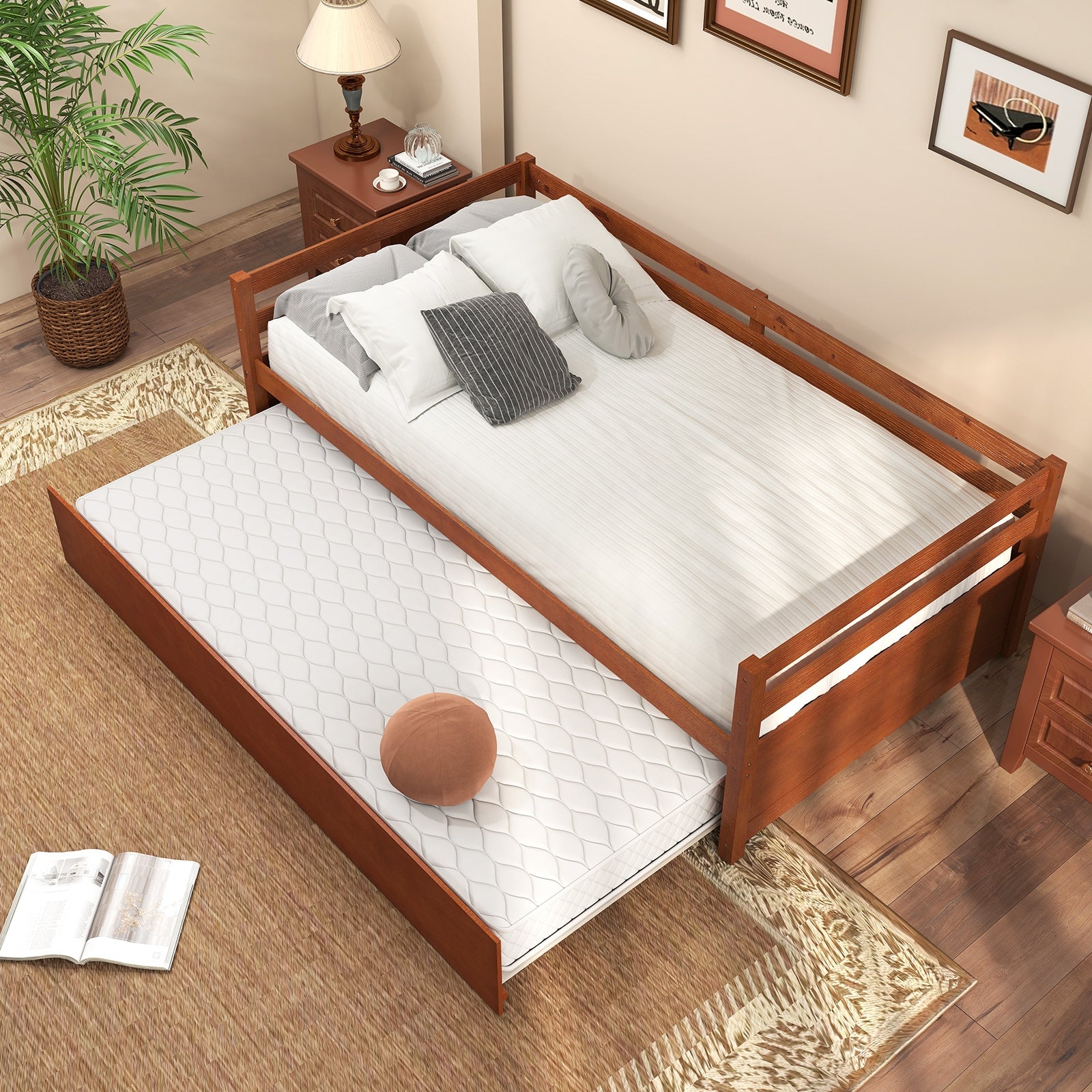 Twin Size Trundle Platform Bed Frame, Wooden Slat Support, Walnut Trundle Bed Frame at Gallery Canada