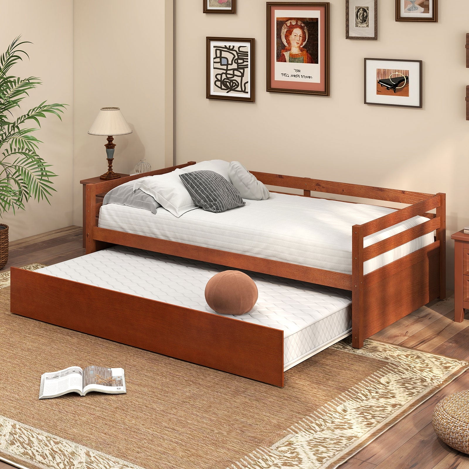 Twin Size Trundle Platform Bed Frame, Wooden Slat Support, Walnut Trundle Bed Frame at Gallery Canada