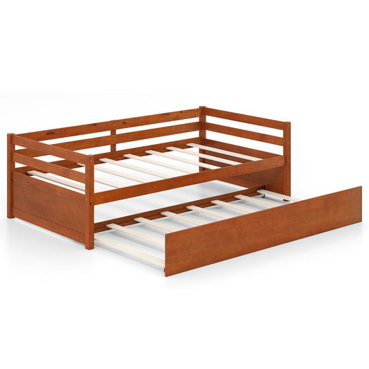 Twin Size Trundle Platform Bed Frame, Wooden Slat Support, Walnut Trundle Bed Frame Walnut at Gallery Canada