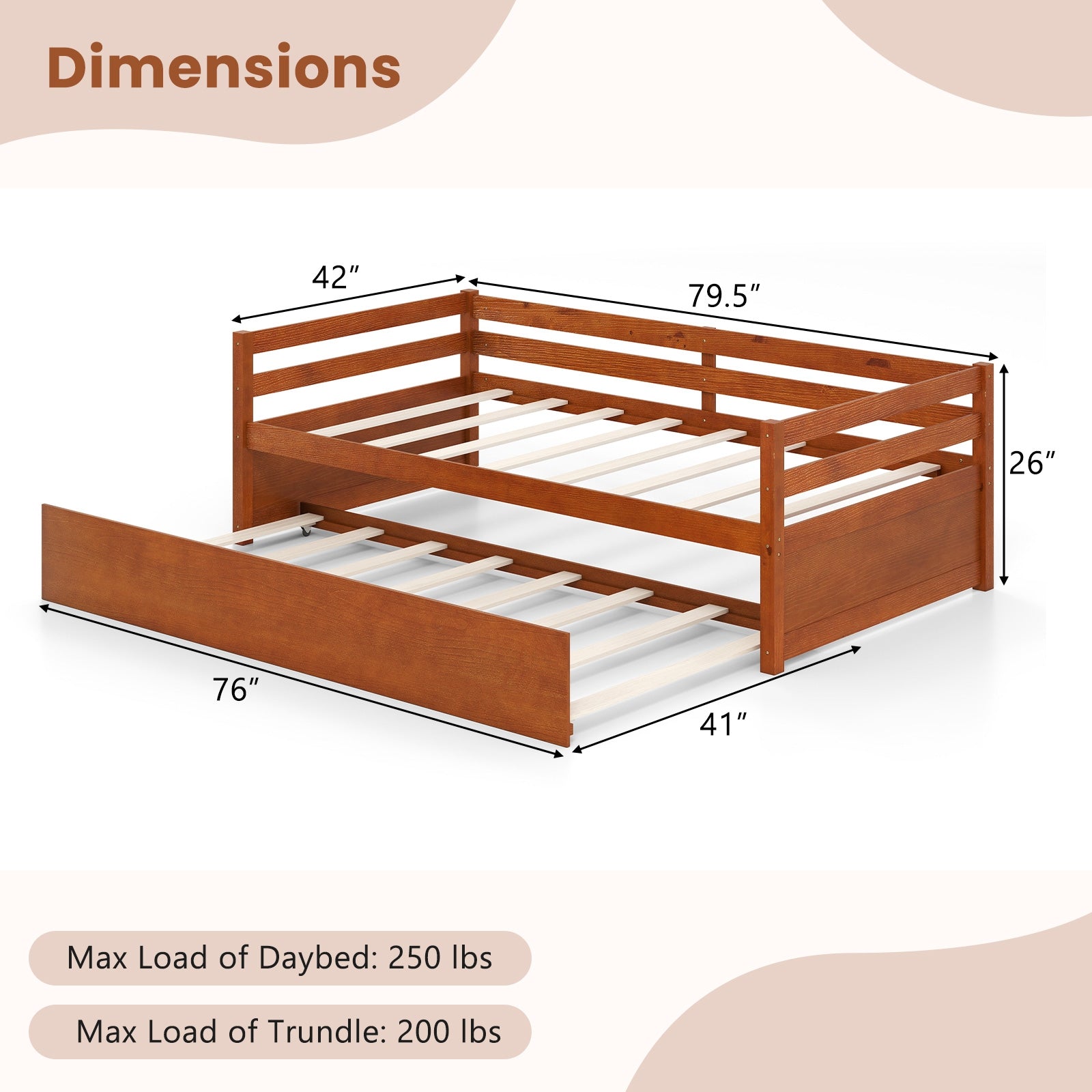 Twin Size Trundle Platform Bed Frame, Wooden Slat Support, Walnut Trundle Bed Frame at Gallery Canada