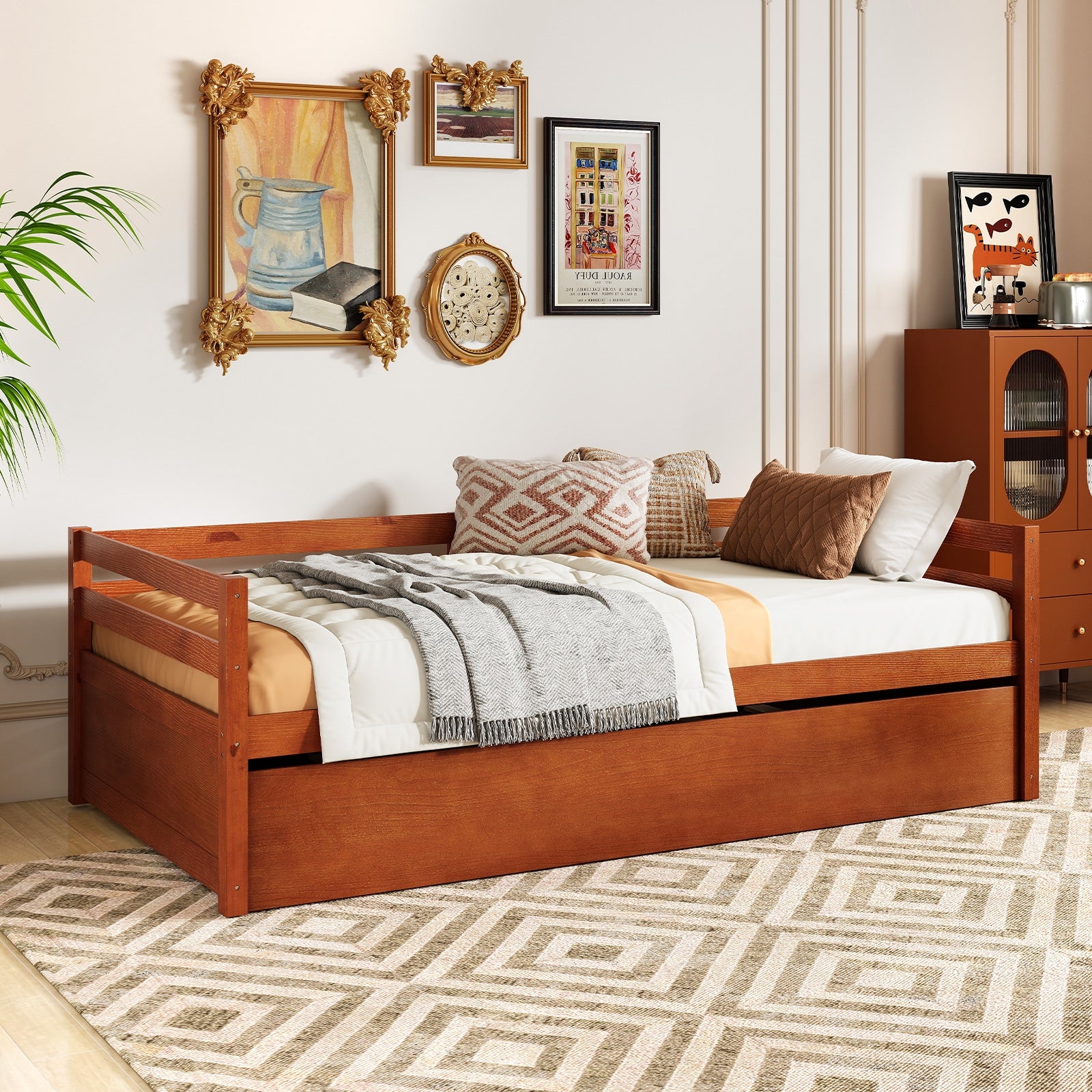 Twin Size Trundle Platform Bed Frame, Wooden Slat Support, Walnut Trundle Bed Frame at Gallery Canada