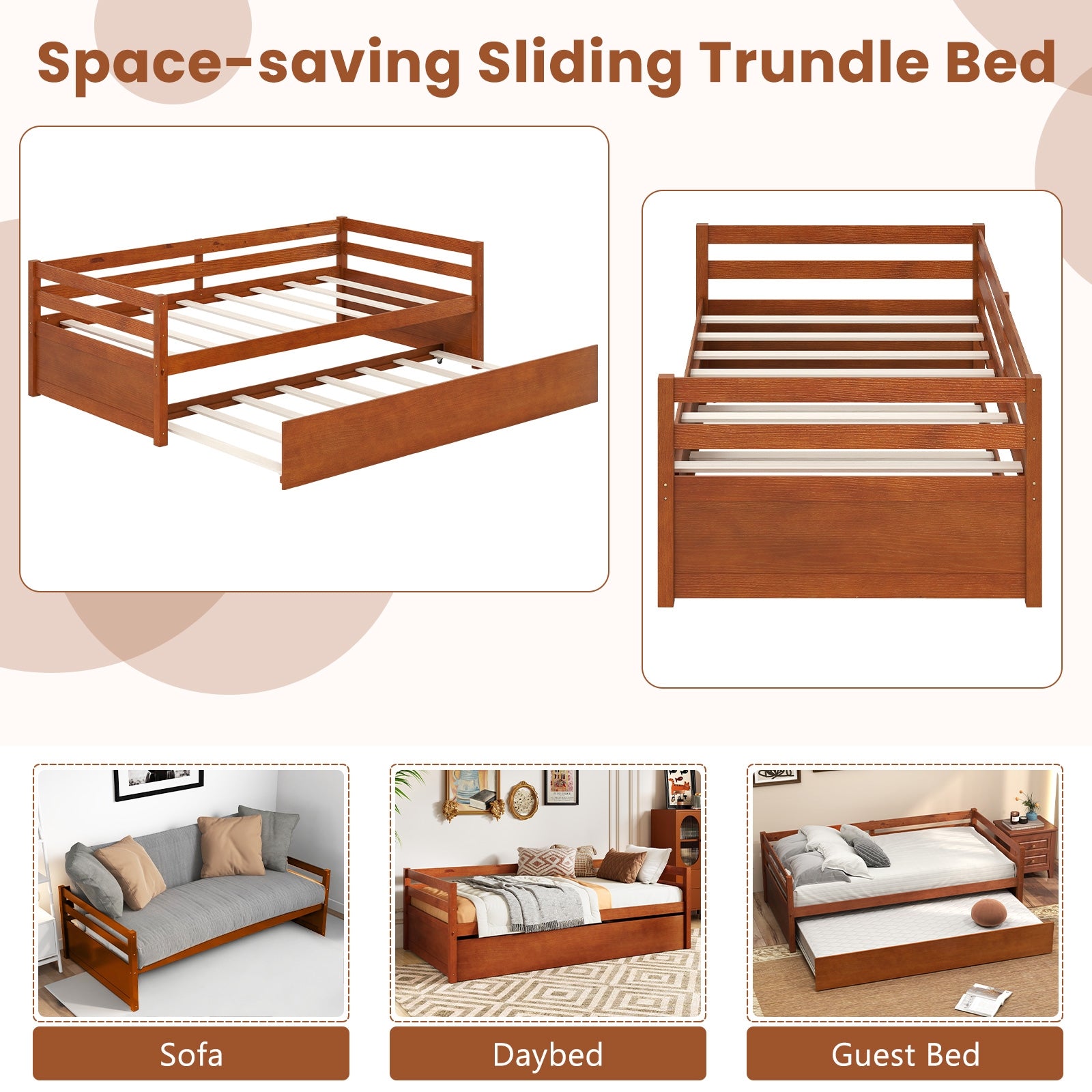Twin Size Trundle Platform Bed Frame, Wooden Slat Support, Walnut Trundle Bed Frame at Gallery Canada