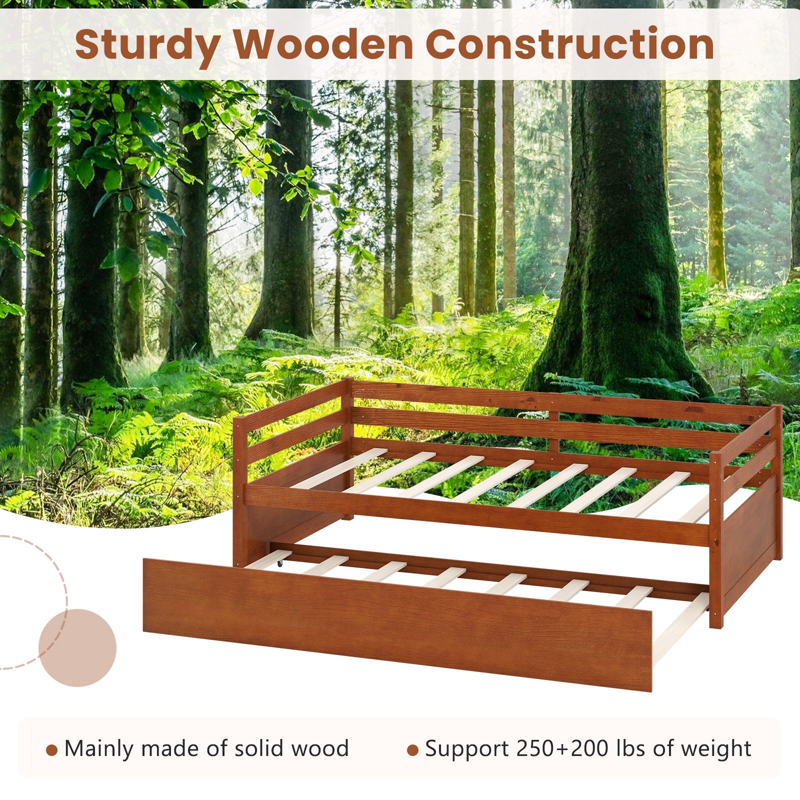 Twin Size Trundle Platform Bed Frame, Wooden Slat Support, Walnut Trundle Bed Frame at Gallery Canada