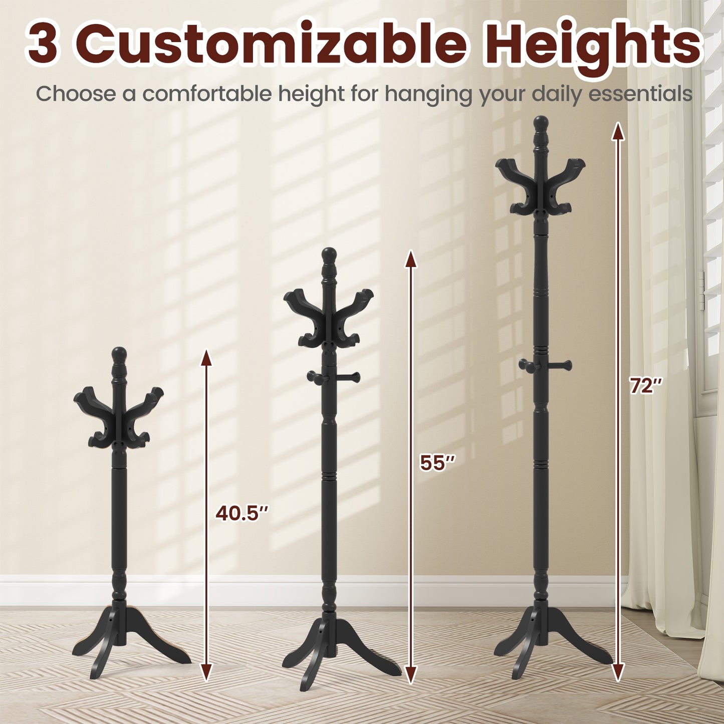 Solid Wood Hall Tree, 11 Hooks, 3 Height Options, Black Coat Racks & Hall Trees at Gallery Canada