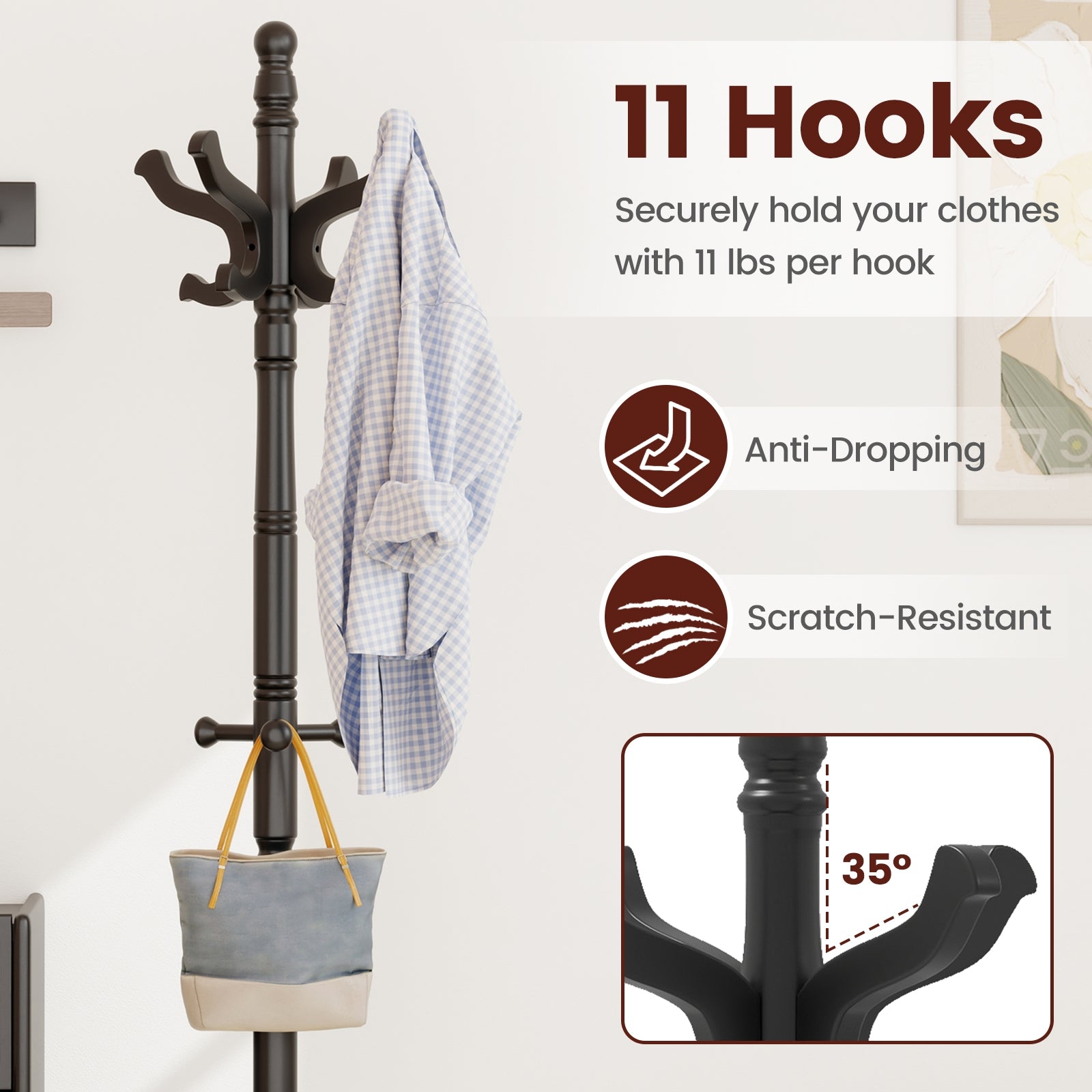 Solid Wood Hall Tree, 11 Hooks, 3 Height Options, Black Coat Racks & Hall Trees at Gallery Canada