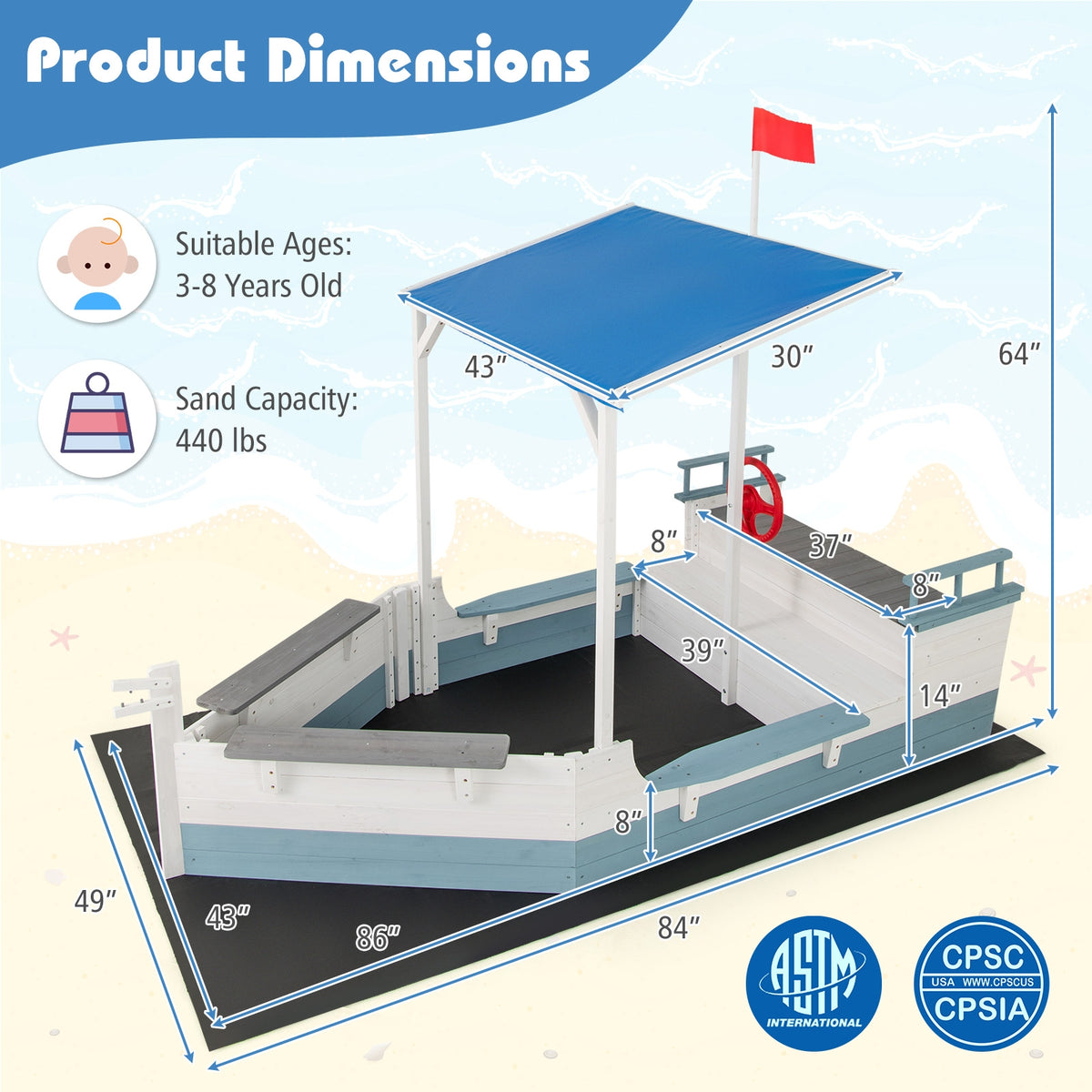 Pirate Ship Sandbox, With Canopy, Bench Seats, Bottom Liner, White Sandboxes at Gallery Canada