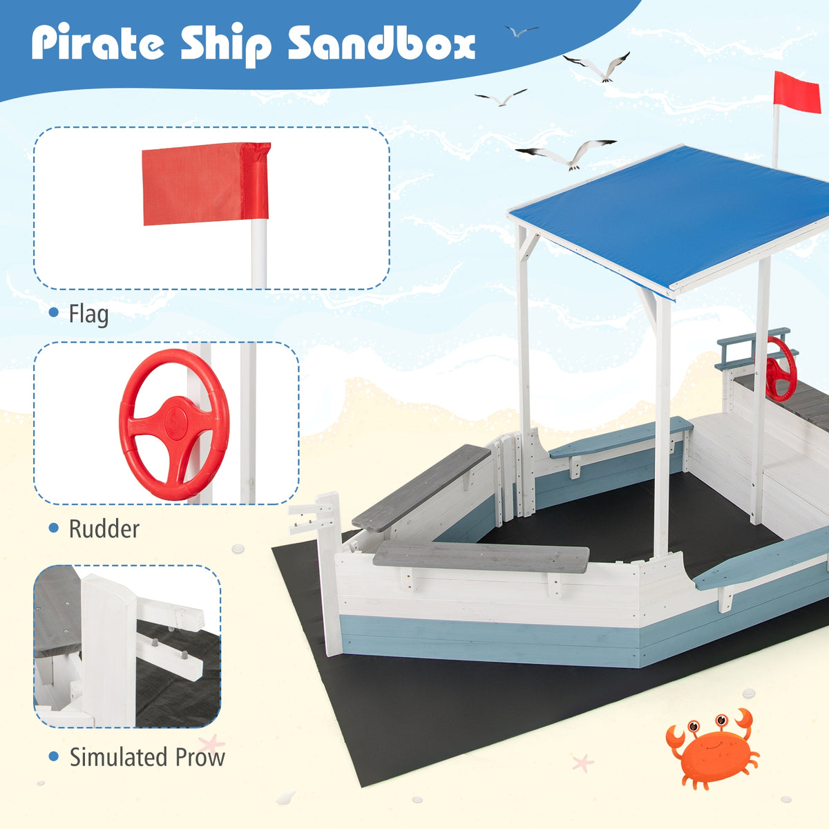 Pirate Ship Sandbox, With Canopy, Bench Seats, Bottom Liner, White Sandboxes at Gallery Canada