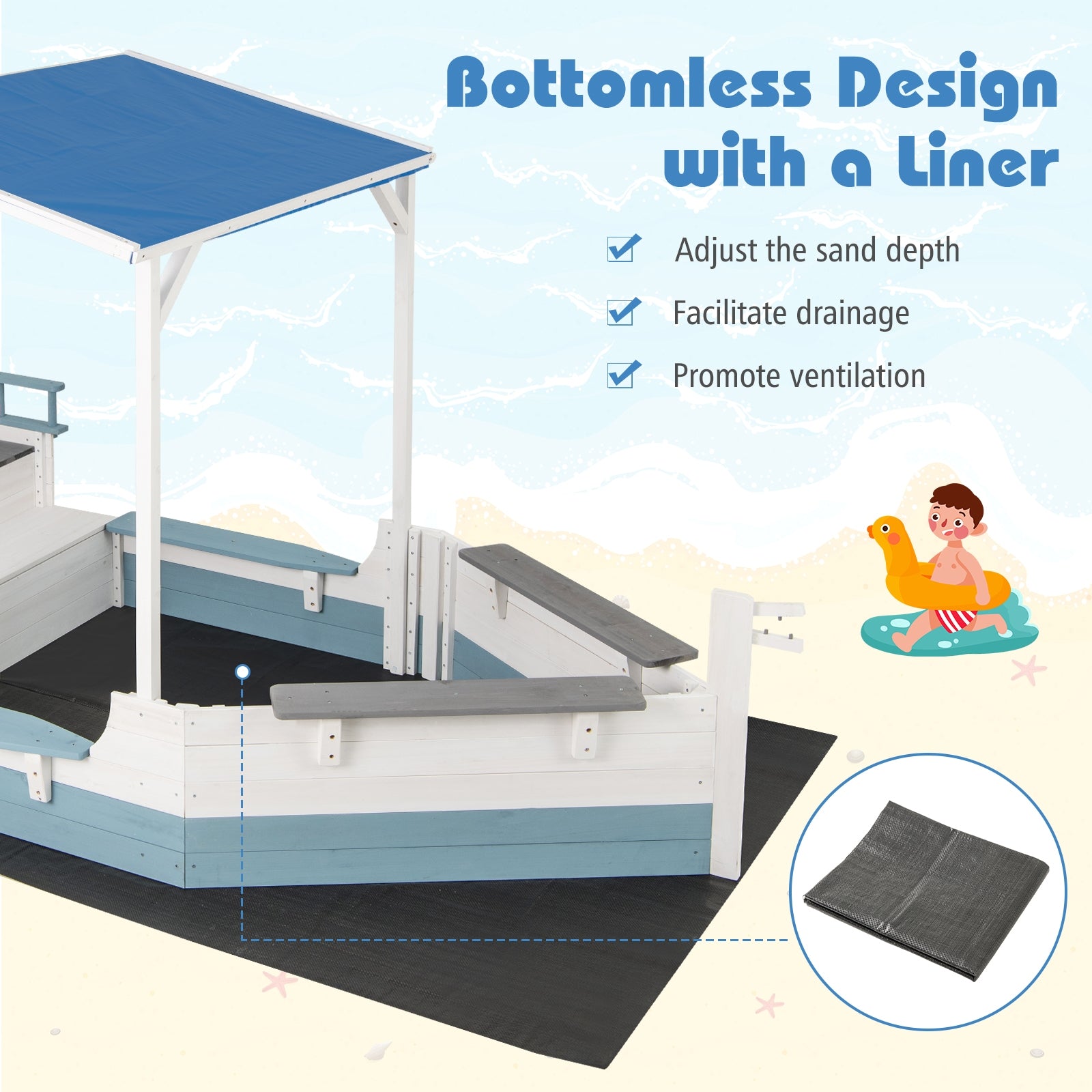 Pirate Ship Sandbox, With Canopy, Bench Seats, Bottom Liner, White Sandboxes at Gallery Canada