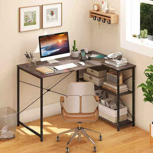 47 Inch L-Shaped Reversible Corner Desk, Adjustable Storage Shelves, Gray