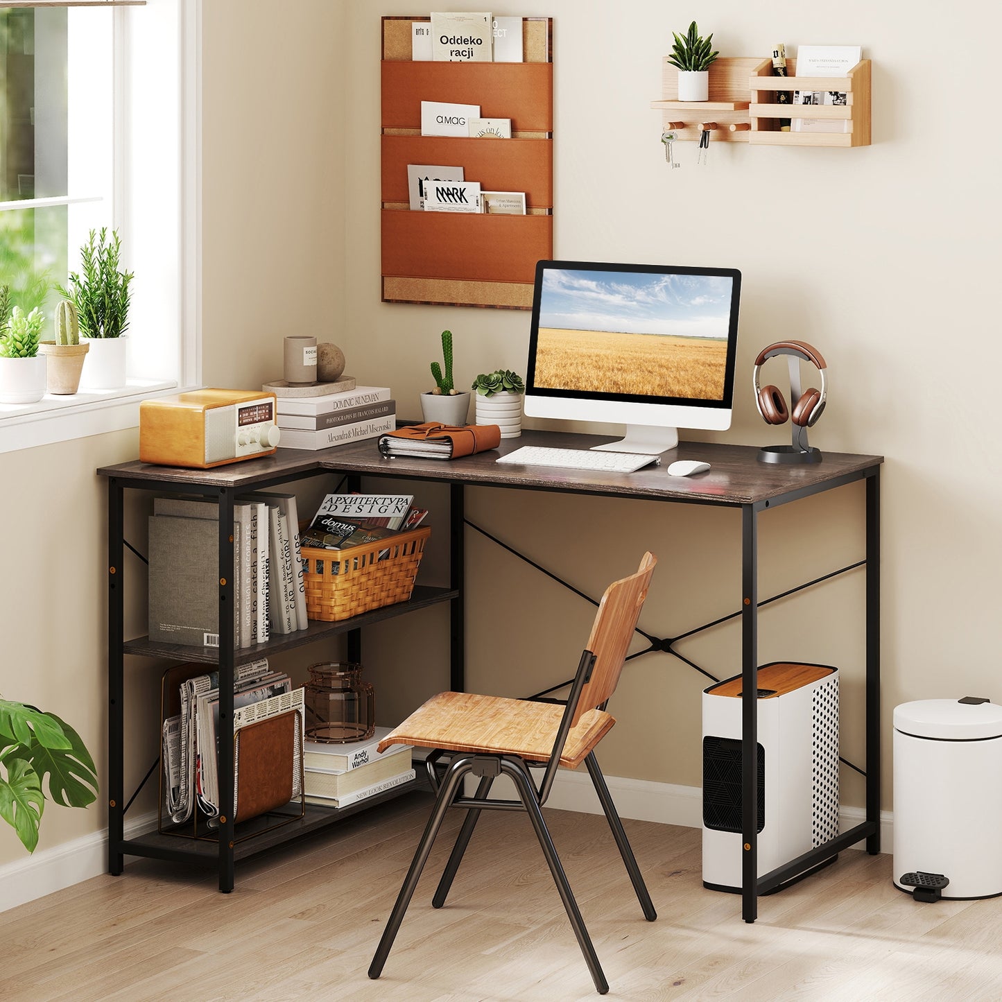 47 Inch L-Shaped Reversible Corner Desk, Adjustable Storage Shelves, Gray L-Shaped Desks at Gallery Canada