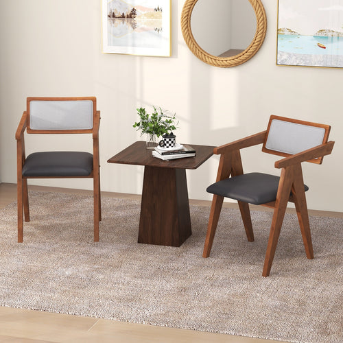 Mid Century Wooden Accent Chairs, Leathaire Seat Cushions, Set of 2, Walnut