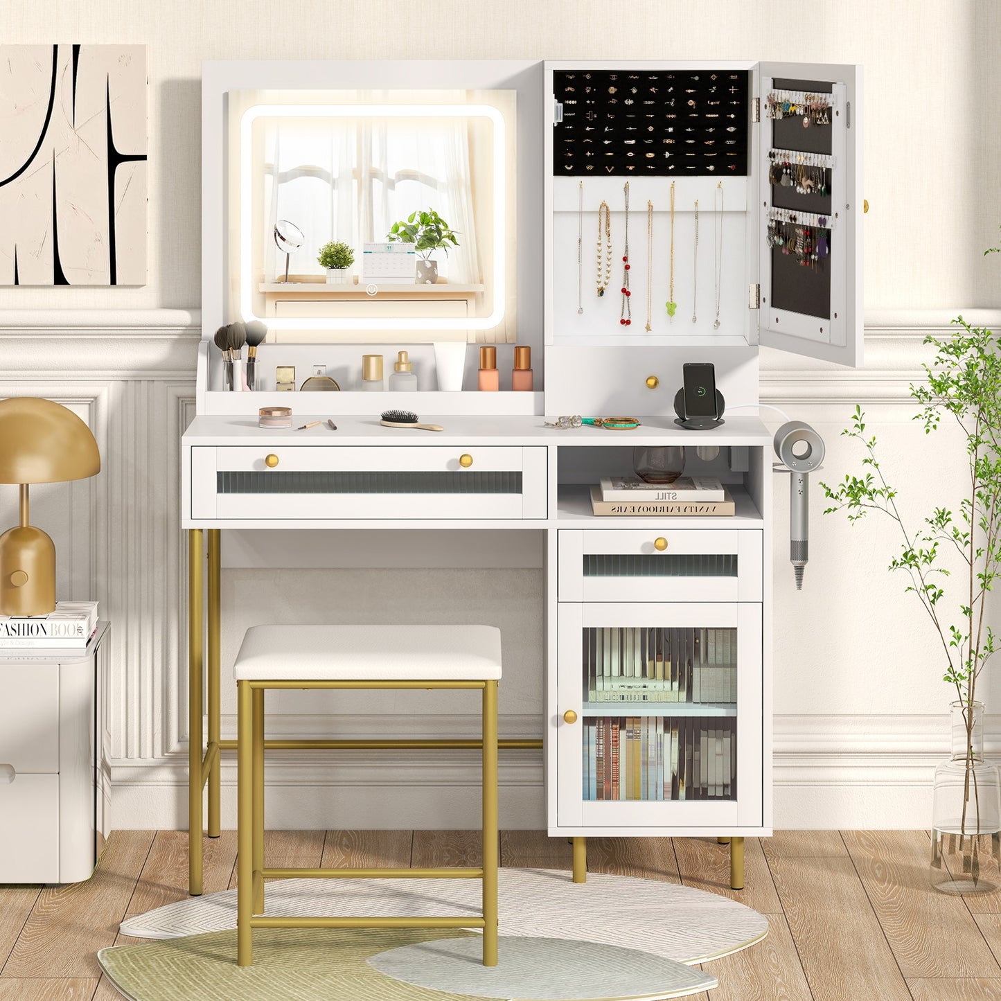 Modern Makeup Vanity Desk With Mirror, Lights, Stool Set, White Makeup Vanities at Gallery Canada
