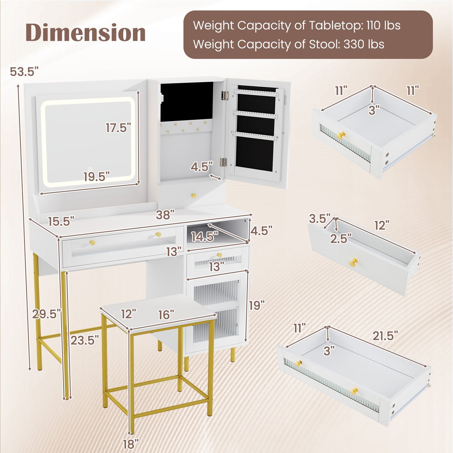 Modern Makeup Vanity Desk With Mirror, Lights, Stool Set, White Makeup Vanities at Gallery Canada
