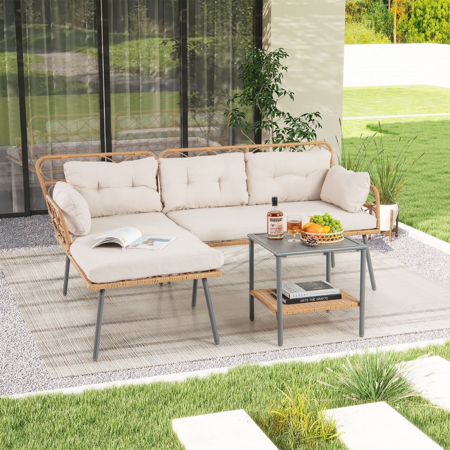 3 Piece Corner Patio Furniture, Small Coffee Table, Beige Patio Conversation Sets at Gallery Canada