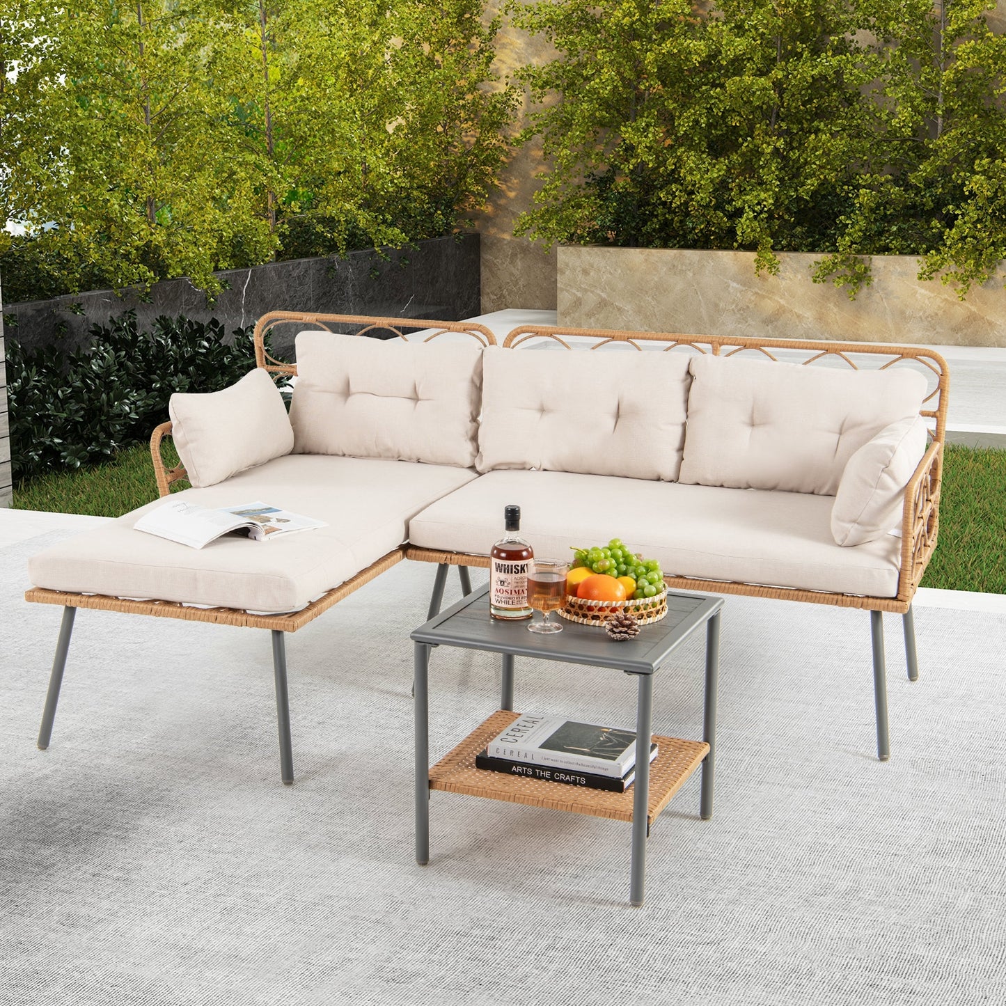3 Piece Corner Patio Furniture, Small Coffee Table, Beige Patio Conversation Sets at Gallery Canada
