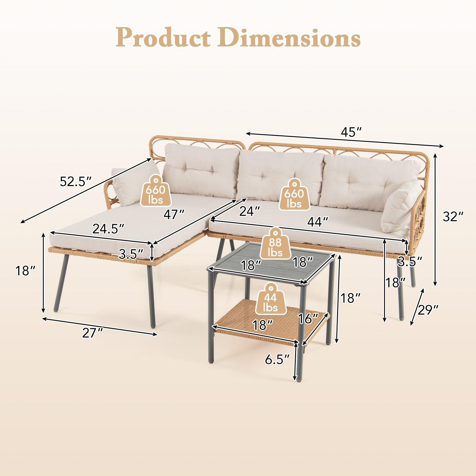 3 Piece Corner Patio Furniture, Small Coffee Table, Beige Patio Conversation Sets at Gallery Canada
