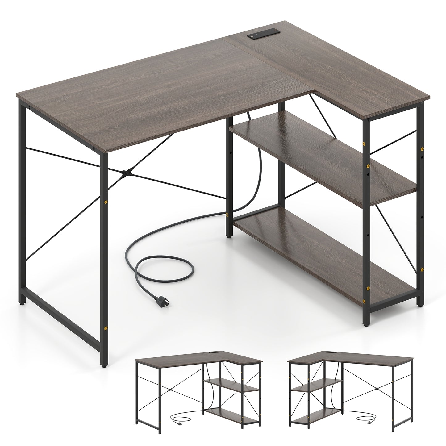 47 Inch L-Shaped Reversible Corner Desk, Adjustable Storage Shelves, Gray L-Shaped Desks Gray at Gallery Canada