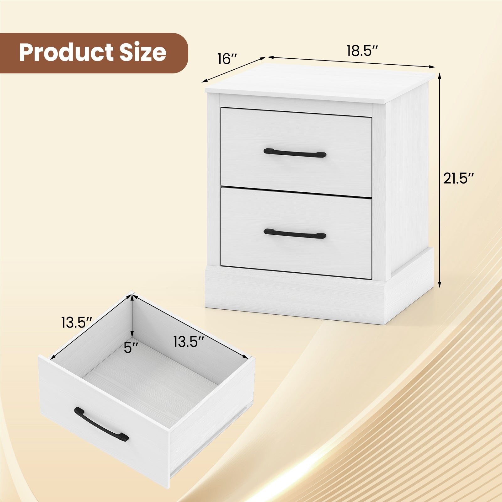 Wood Compact Floor Nightstand With Storage Drawers, White Nightstands at Gallery Canada