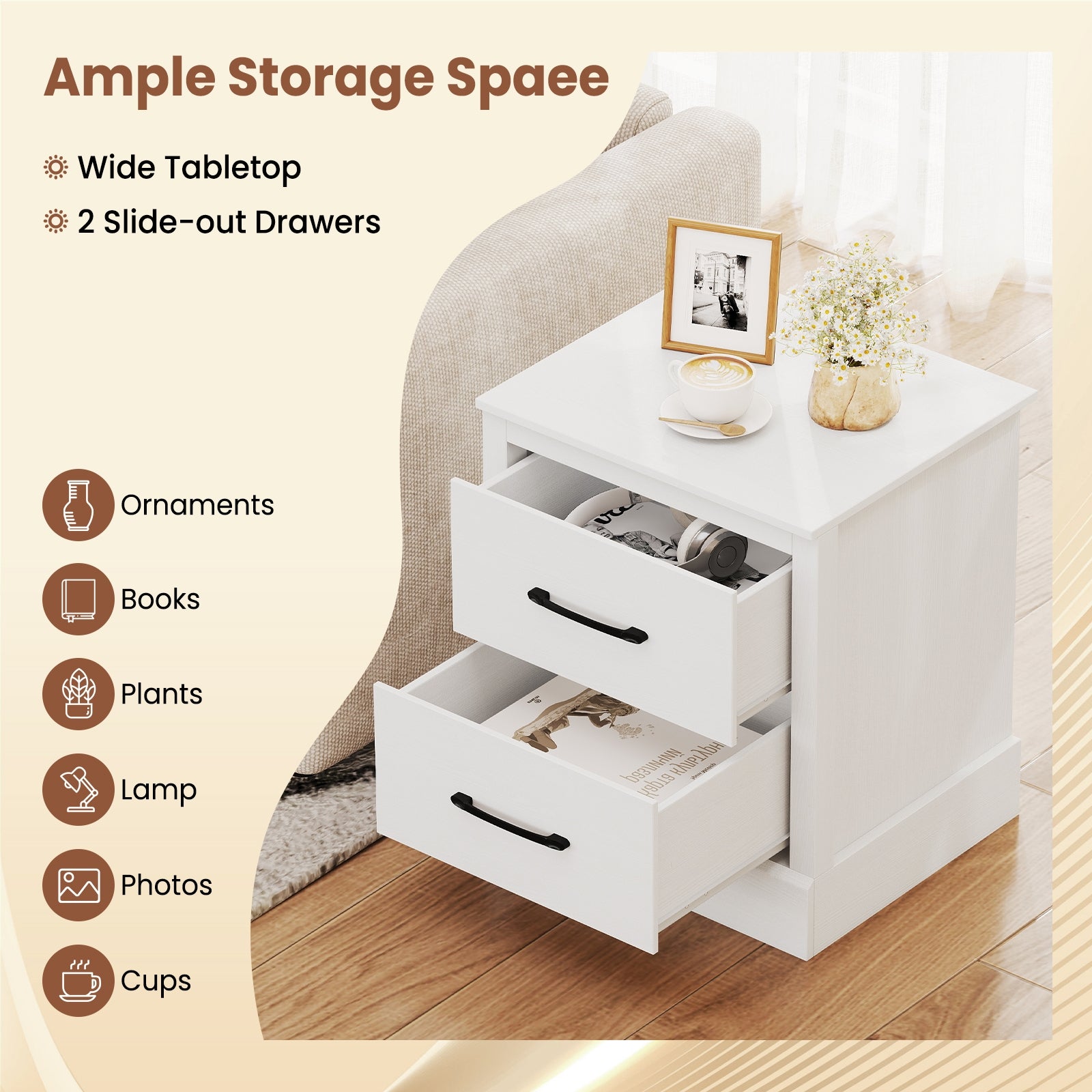 Wood Compact Floor Nightstand With Storage Drawers, White Nightstands at Gallery Canada