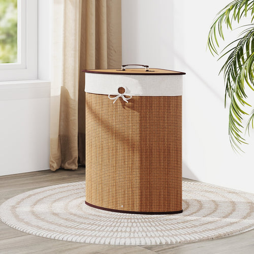 Bamboo Laundry Hamper Basket, With Lid And Removable Liner Bag, Yellow