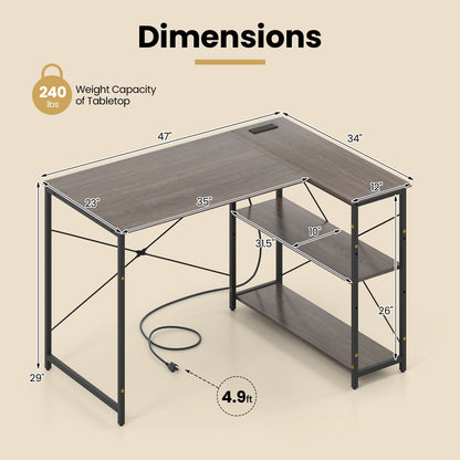 47 Inch L-Shaped Reversible Corner Desk, Adjustable Storage Shelves, Gray L-Shaped Desks at Gallery Canada