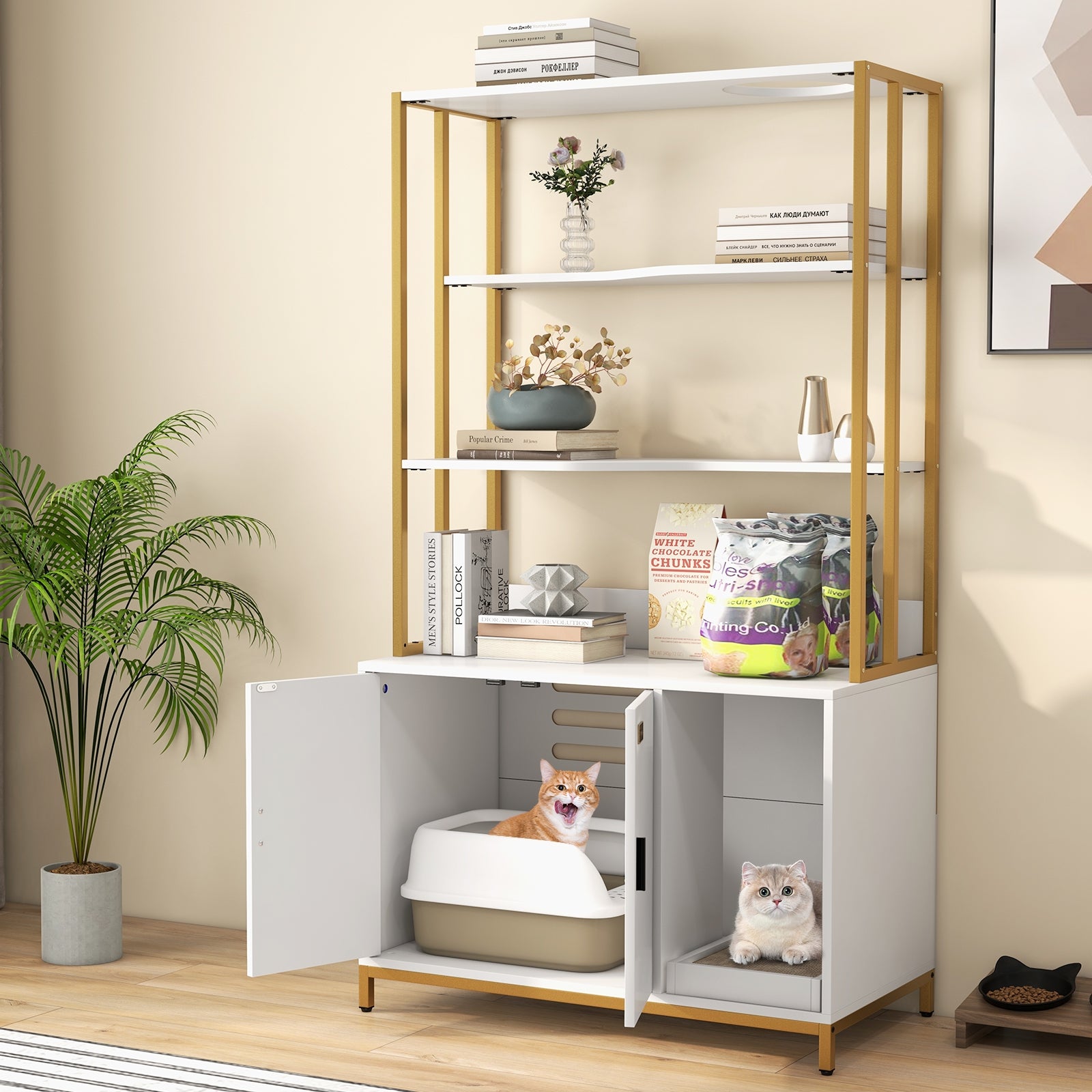 Cat Litter Box Enclosure, With Storage And 3-Tier Shelves, White Cat Houses at Gallery Canada
