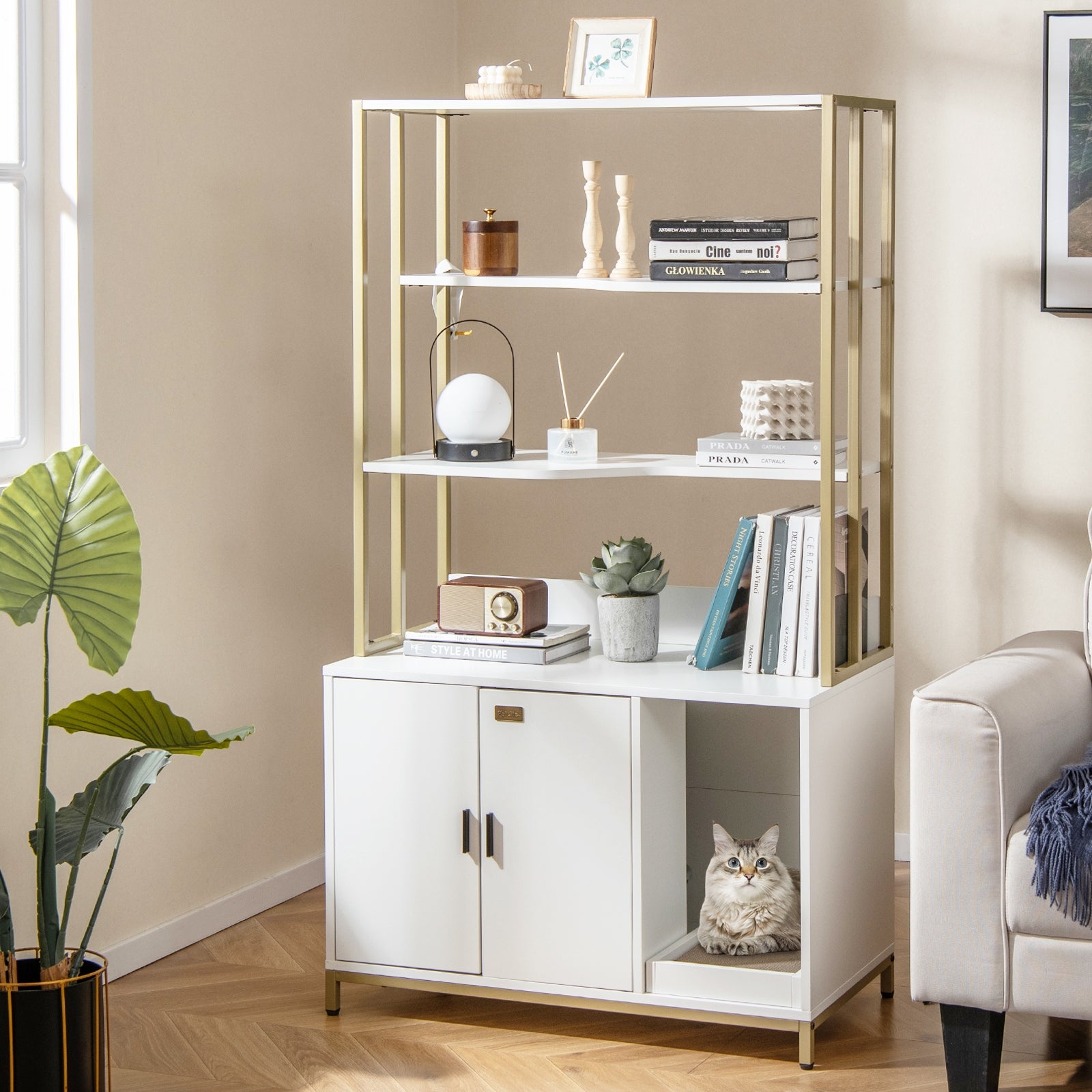 Cat Litter Box Enclosure, With Storage And 3-Tier Shelves, White Cat Houses at Gallery Canada