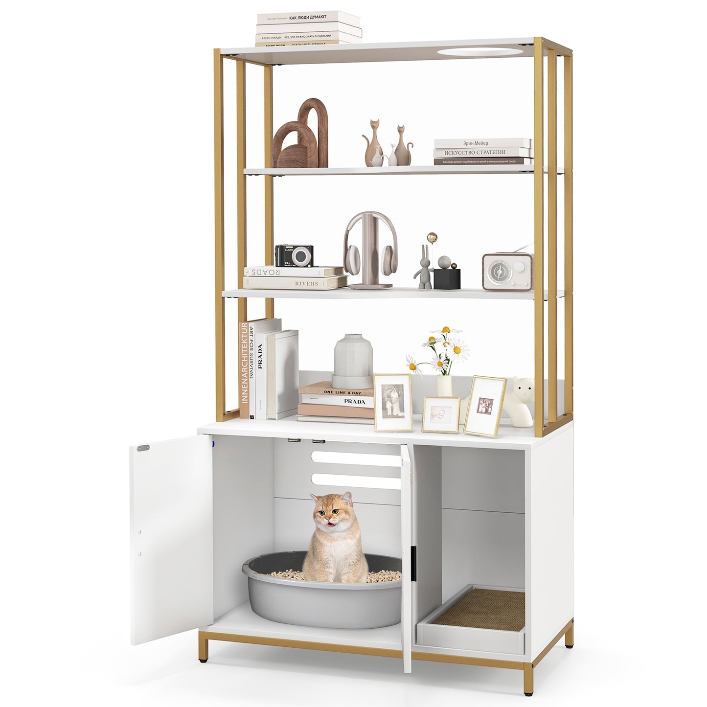 Cat Litter Box Enclosure, With Storage And 3-Tier Shelves, White Cat Houses at Gallery Canada