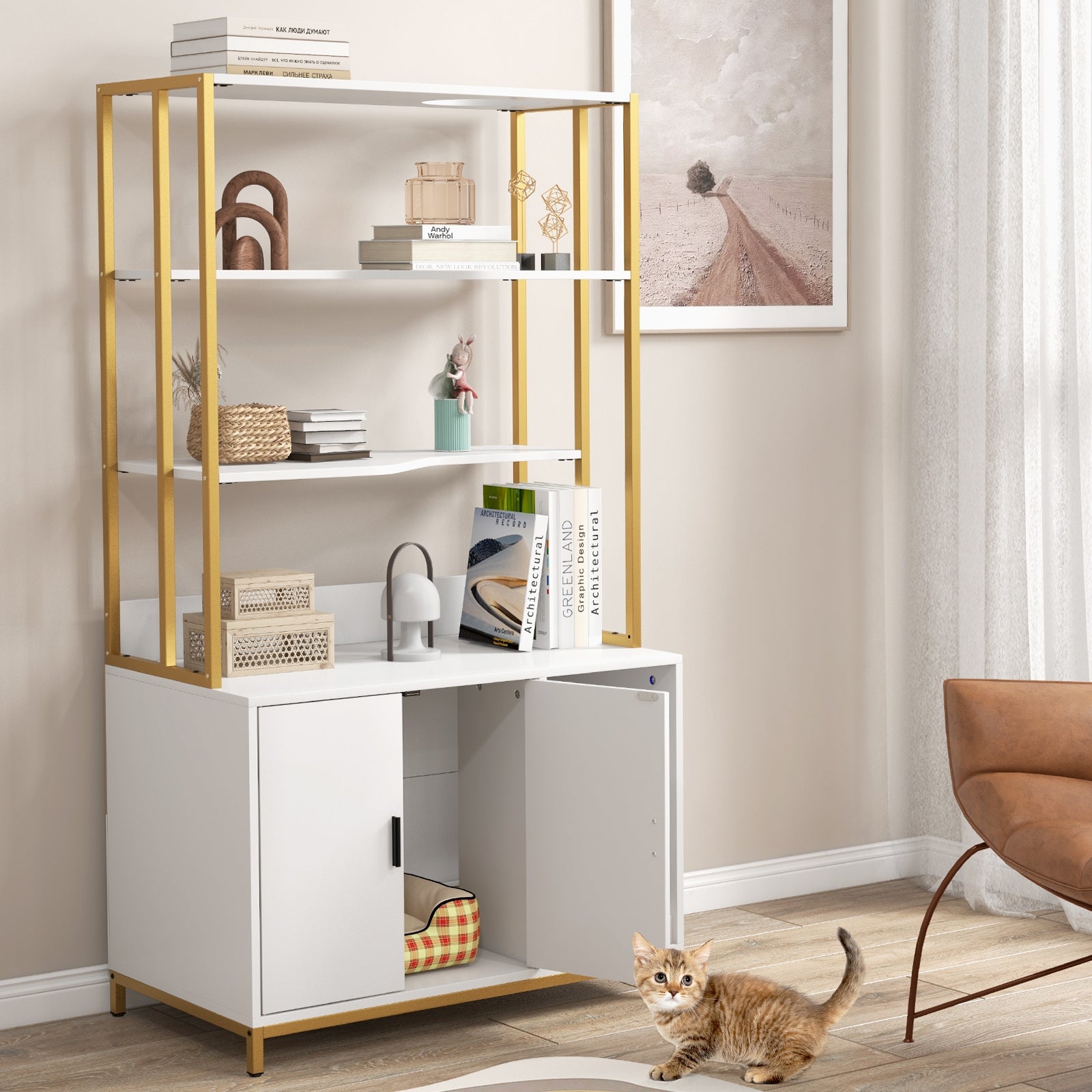 Cat Litter Box Enclosure, With Storage And 3-Tier Shelves, White Cat Houses at Gallery Canada