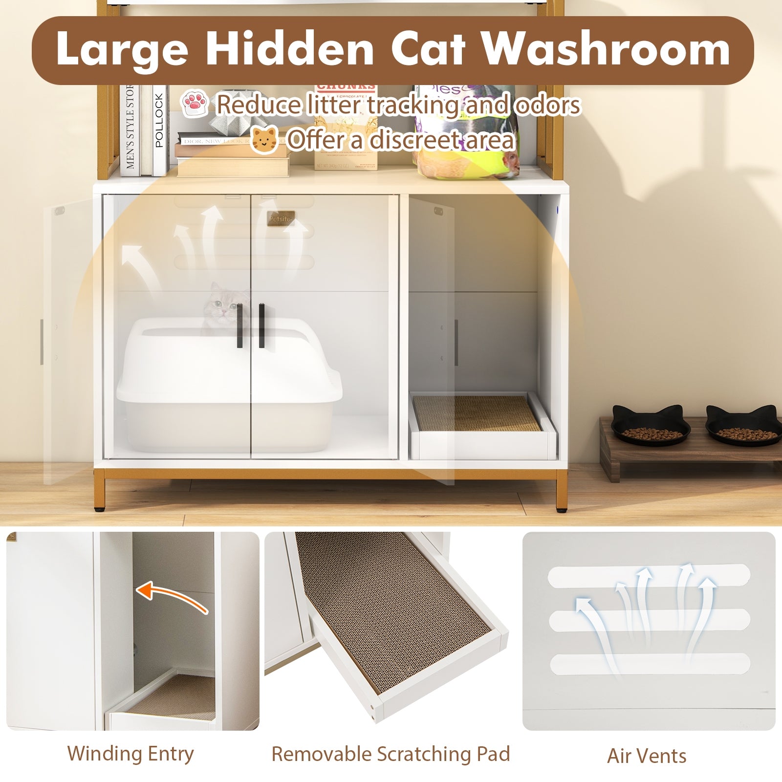 Cat Litter Box Enclosure, With Storage And 3-Tier Shelves, White Cat Houses at Gallery Canada