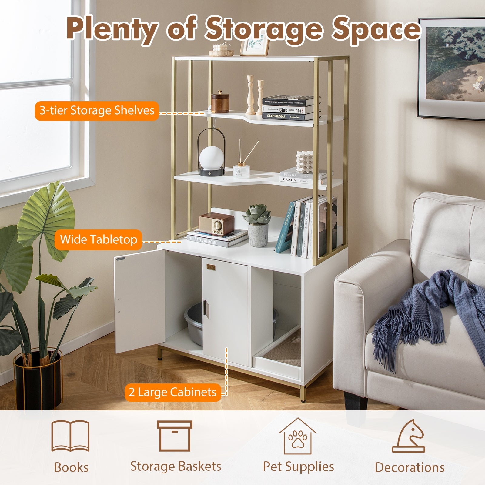 Cat Litter Box Enclosure, With Storage And 3-Tier Shelves, White Cat Houses at Gallery Canada