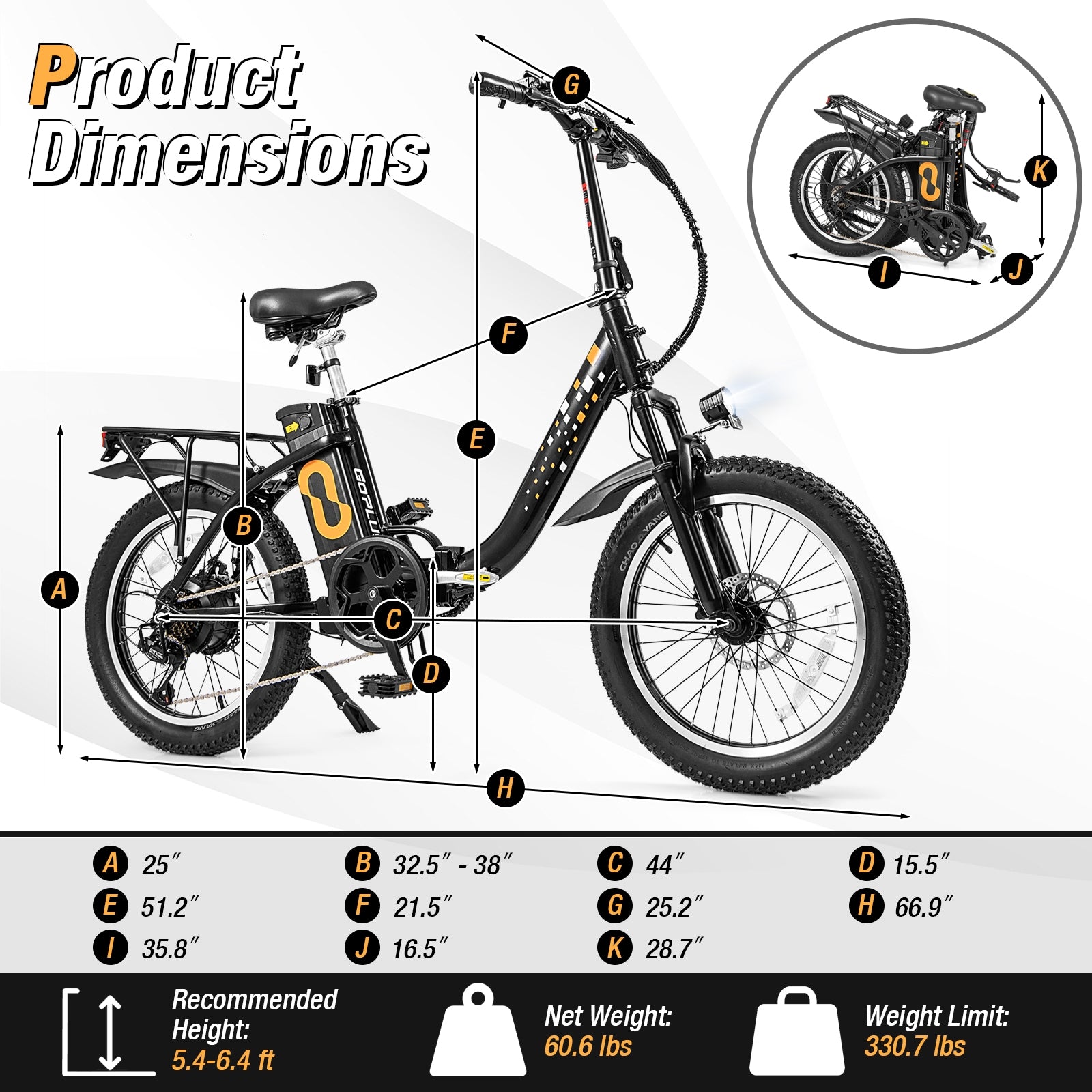 Folding Electric Bicycle, 20-Inch Fat Tires Snow E-Bike, Black Exercise Bikes at Gallery Canada