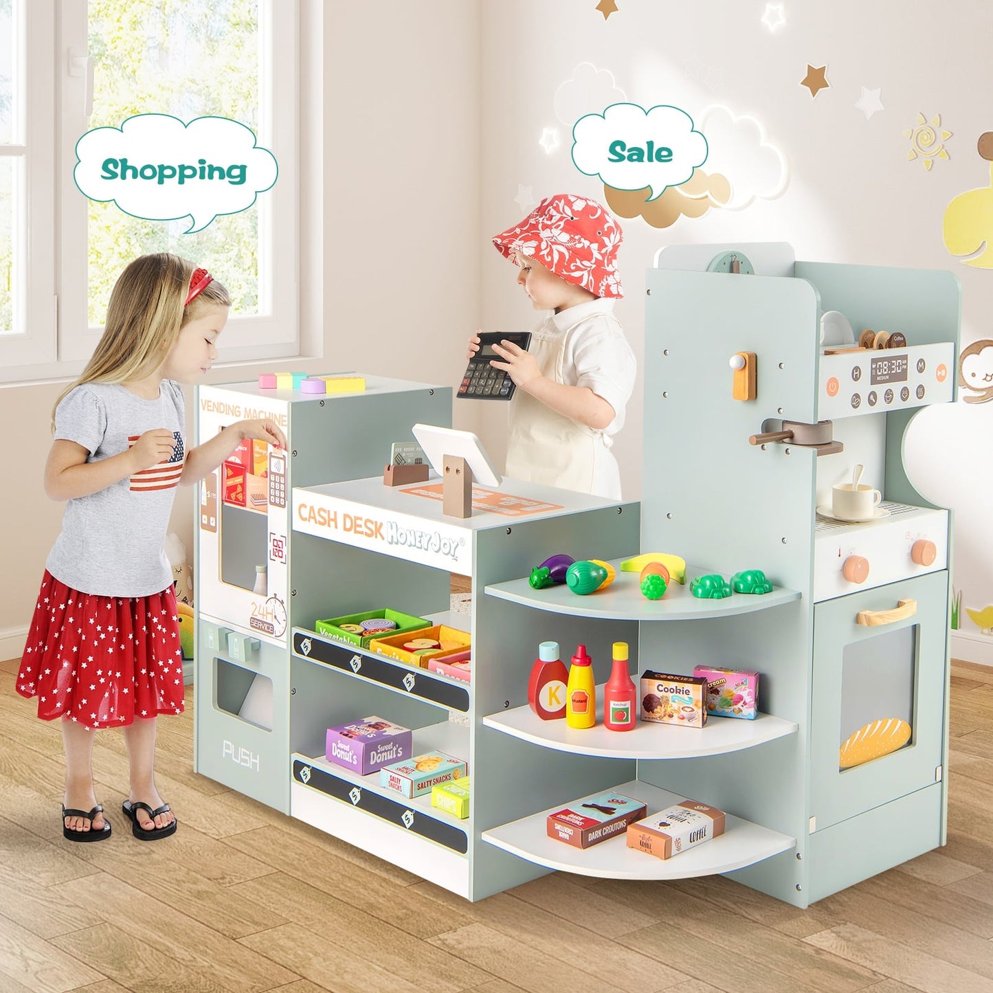 Wooden Kids Grocery Store Playset, Pretend Play Supermarket, Green Play Kitchen Sets at Gallery Canada